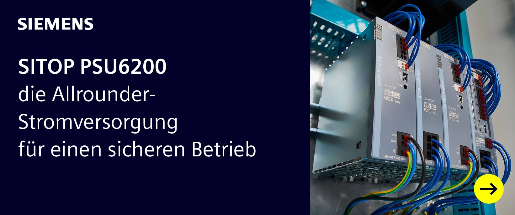 Siemens SITOP Stromversorgung mit blauer Verkabelung.