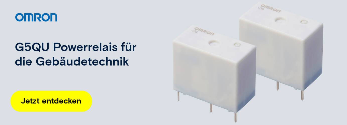 OMRON G5QU Powerrelais für die Gebäudetechnik, zwei weiße Module auf hellem Hintergrund.