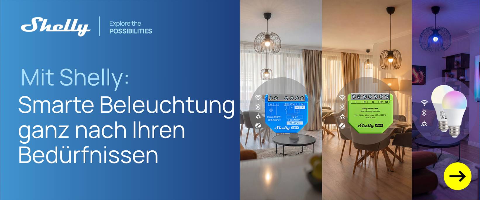 Shelly präsentiert smarte Beleuchtung mit intelligenten Controllern und Glühbirnen, die individuelle Lichtlösungen bieten.