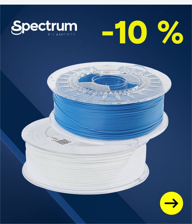 Spectrum-Filaments-Werbebanner mit 10 % Rabatt auf zwei Rollen blaues und weißes 3D-Druck-Filament.
