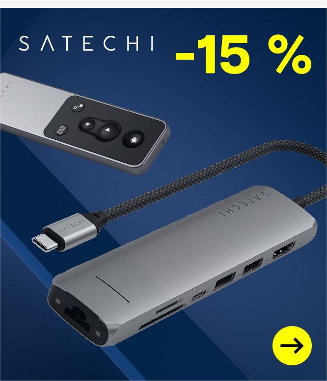 Satechi-Werbebanner mit 15 % Rabatt auf eine Präsentationsfernbedienung und einen USB-C-Multiport-Adapter.