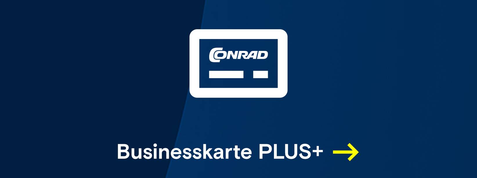 TWeißes Conrad Businesskarte PLUS+ Symbol auf blauem Grund. Weiterleitung zu: Businesskarte PLUS+