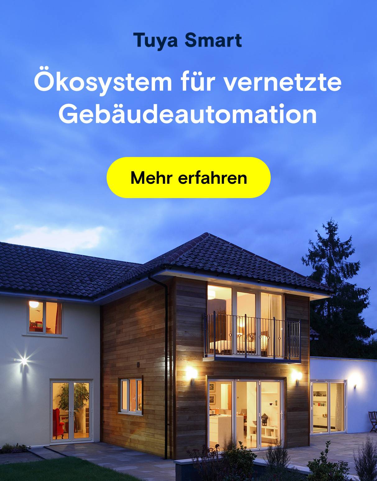 Haus bei Nacht. Text: Ökosystem für Gebäudeautomation.