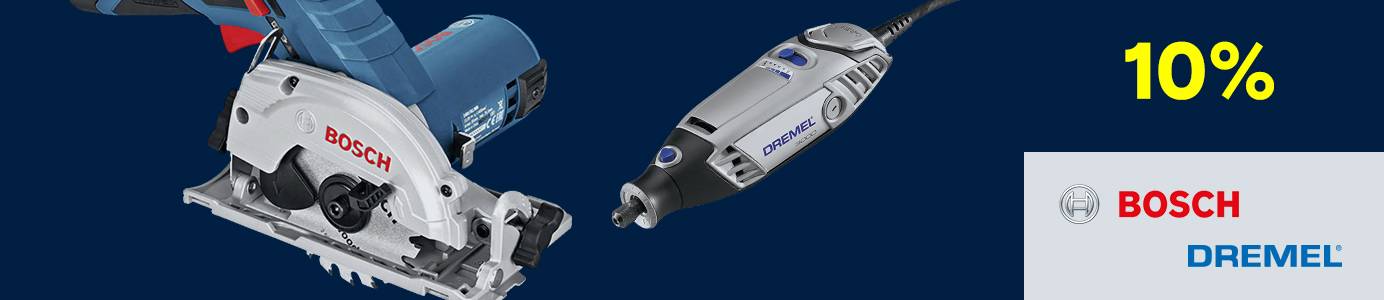 Elettroutensili Bosch e Dremel (sega circolare e utensile multifunzione) con sconto “10%” e i rispettivi loghi.