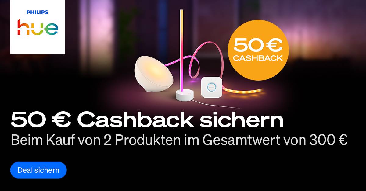Bild Philips Hue mit Produktbild der Hue Bridge Pro