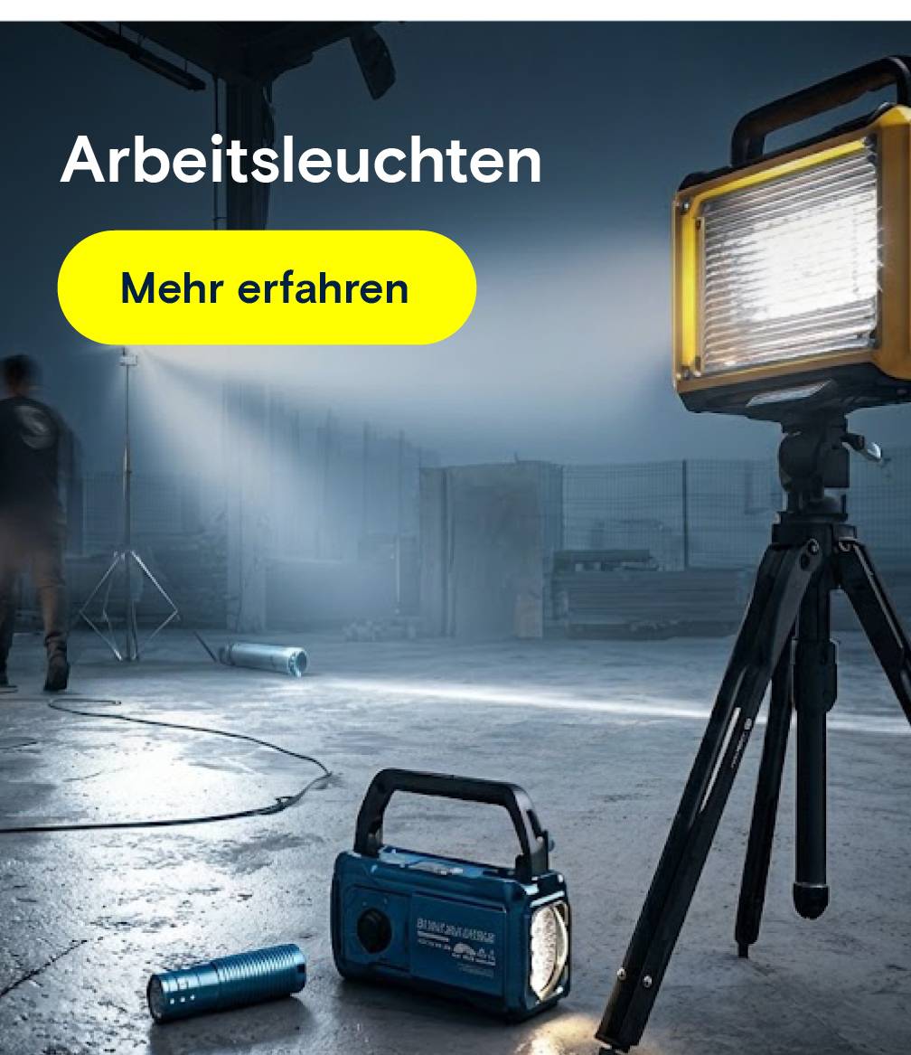 Diverse Arbeitsleuchten im Einsatz auf einer Baustelle.