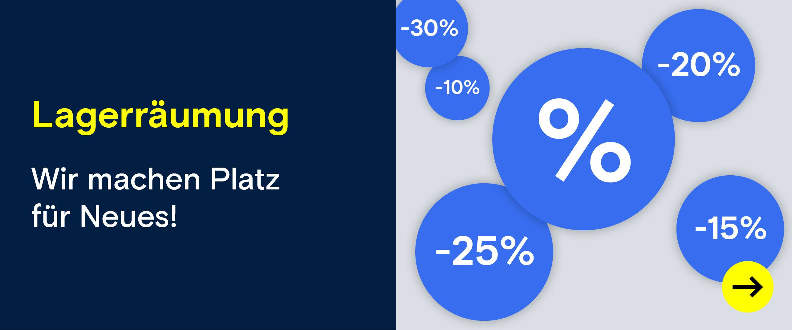 Blaue Rabatt-Kreise auf hellem Grund. Text: Lagerräumung.