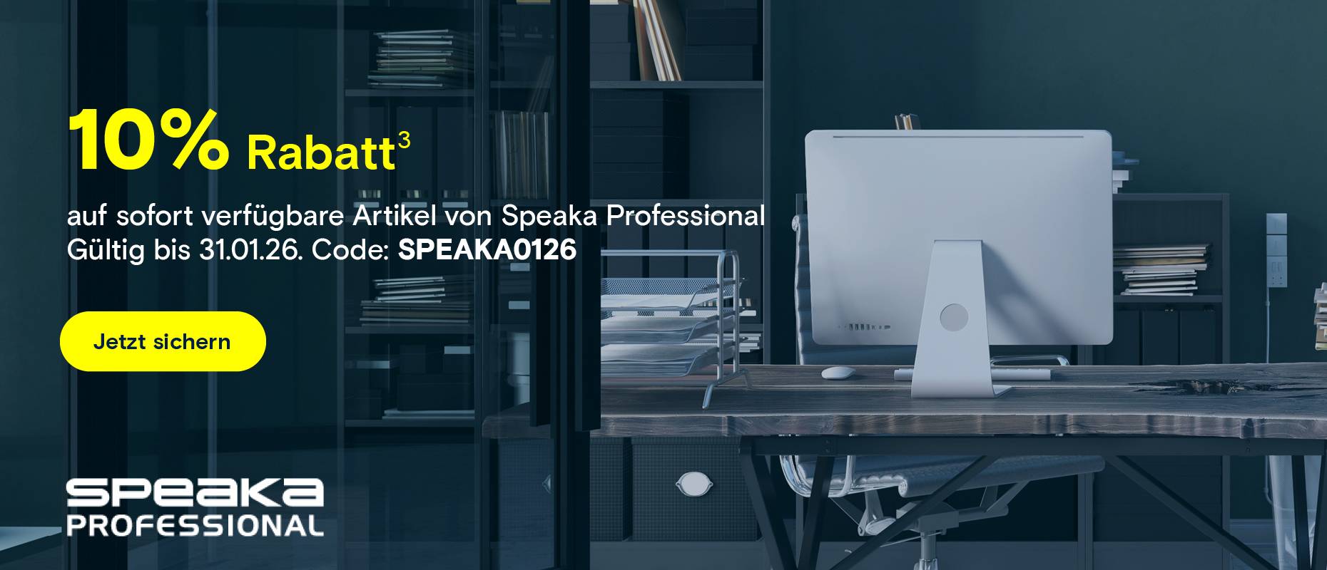 Monitor am Arbeitsplatz. Text: 10% Rabatt auf Speaka Professional.