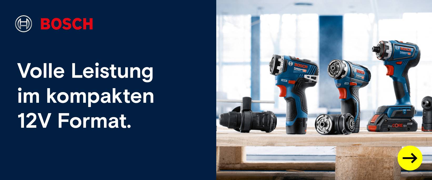 Bosch 12V Werkzeuge. Text: Volle Leistung im 12V Format.