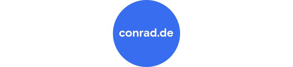 Blauer Kreis mit weißer Schrift "conrad.de".