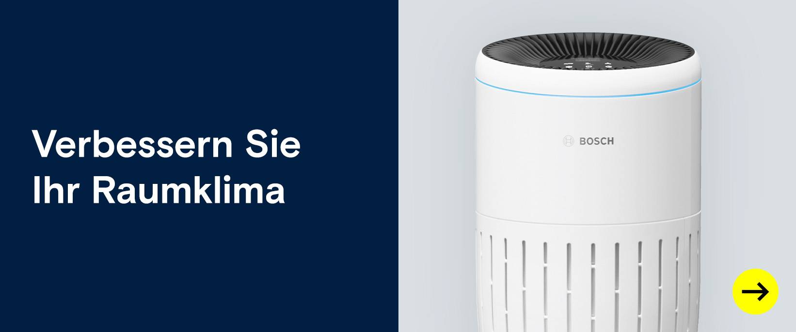 Weißer Luftreiniger. Text: Verbessern Sie Ihr Raumklima.