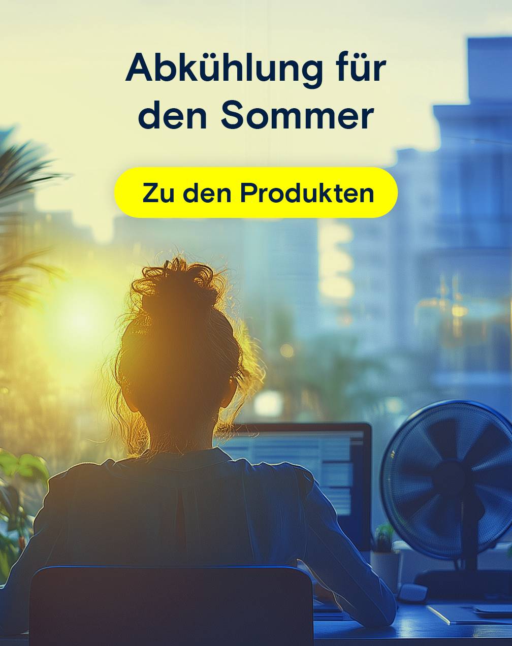 Sommer: Ventilator und Luftkühler auf dunkelblauem Grund.