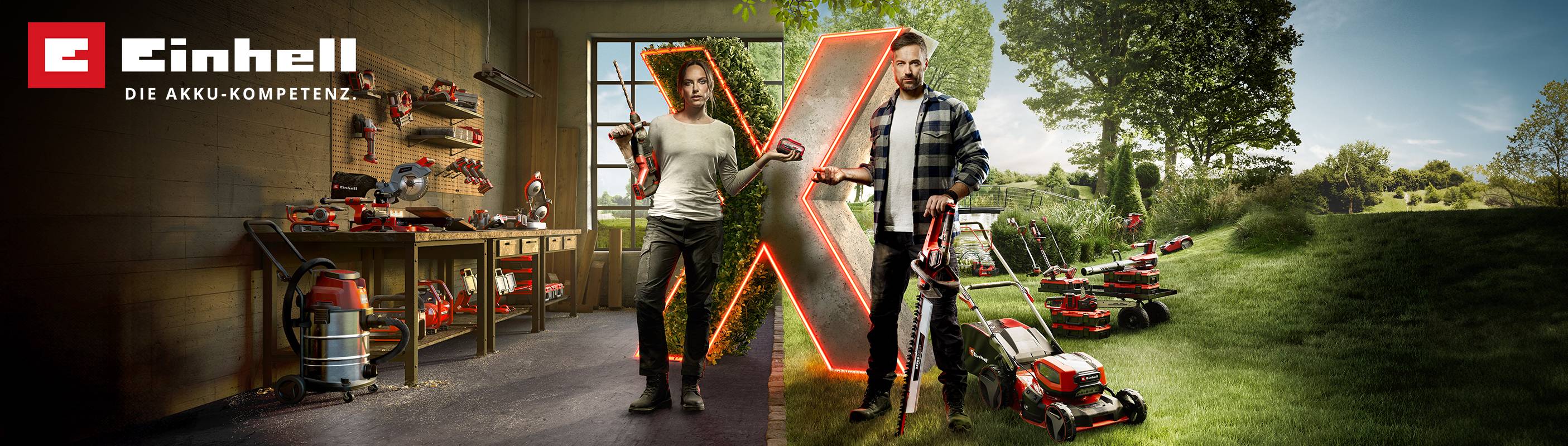 Das Bild zeigt zwei Szenen, die durch ein leuchtendes rotes "X" getrennt sind: Links posiert eine Frau in einer Werkstatt mit Werkzeugen, während rechts ein Mann mit Gartenwerkzeugen auf einer Wiese mit Rasenmähern steht; oben links ist das Einhell Logo mit dem Slogan "DIE AKKU-KOMPETENZ." zu sehen.