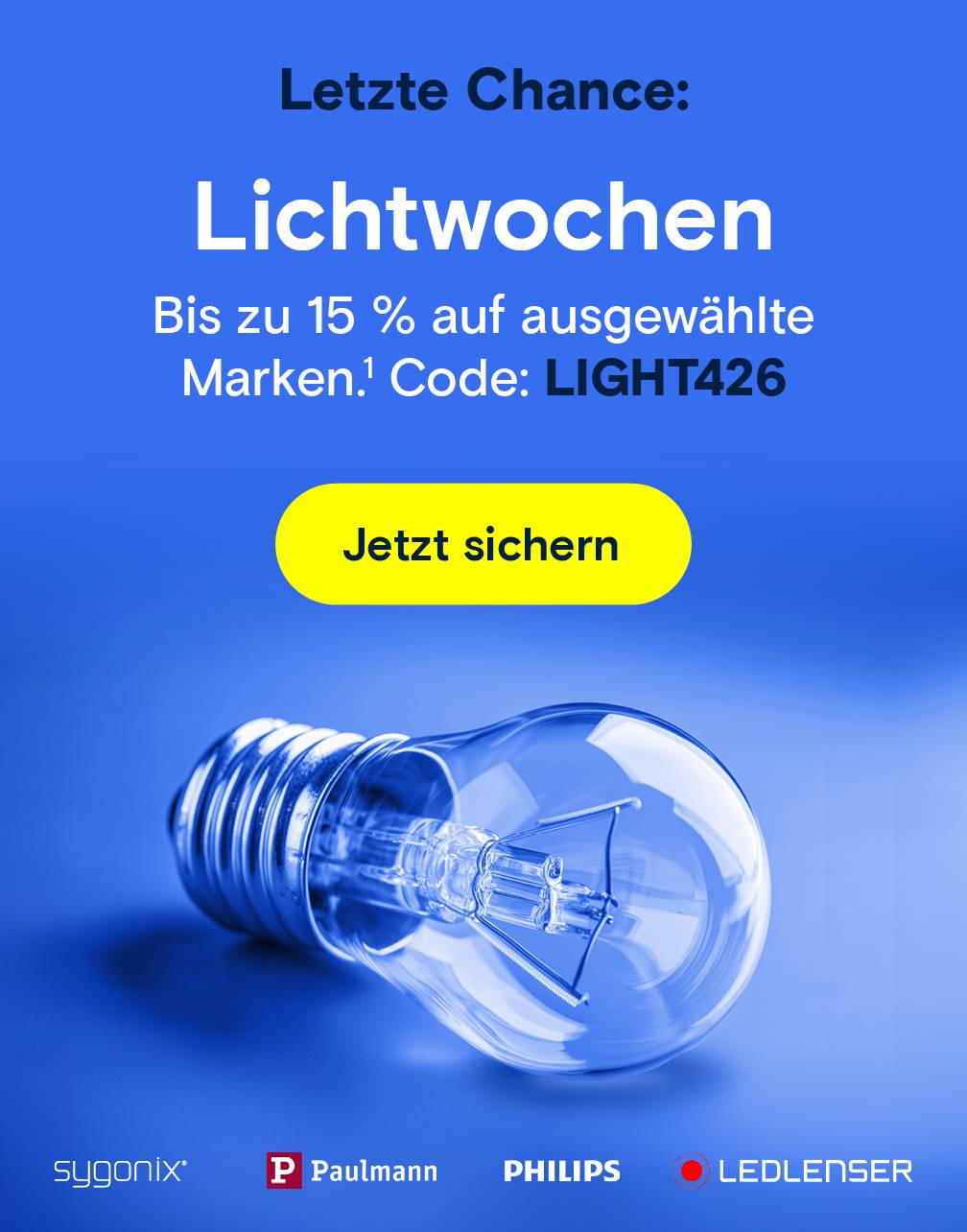 Lichtwochen: Glühbirne auf blauem Grund und Rabatt-Code.