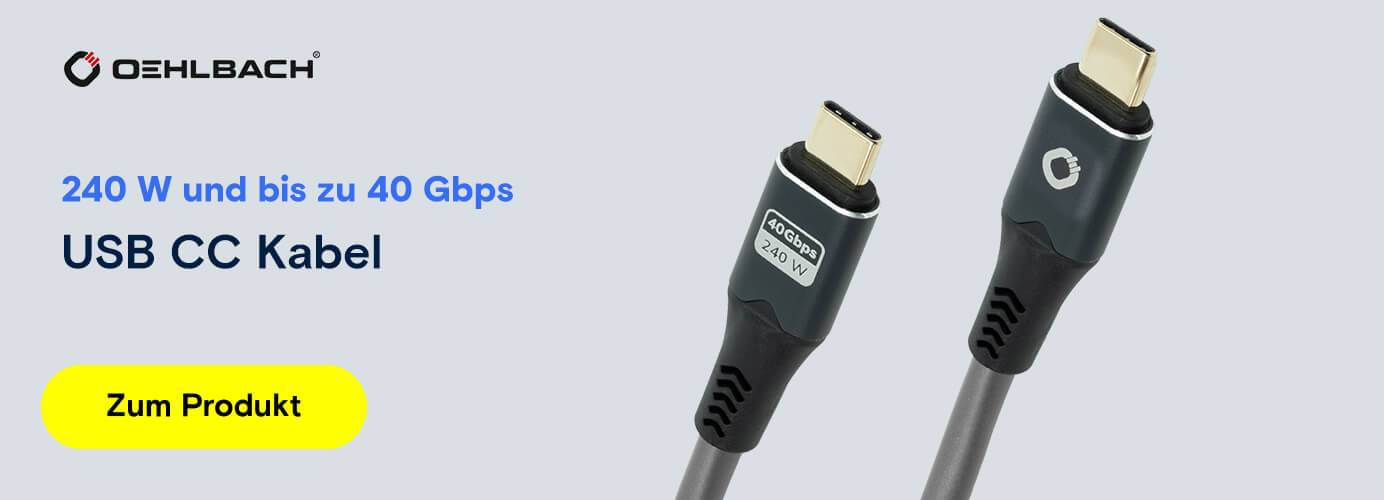 Oehlbach USB-C Kabel für schnelle 40 Gbps Datenübertragung und 240 W Ladeleistung.