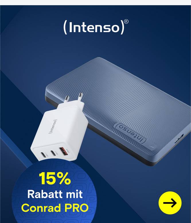 Intenso-Werbebild mit Powerbank, USB-C-Ladegerät, gelbem Pfeil-Button und dem Hinweis „15 % Rabatt mit Conrad PRO“.