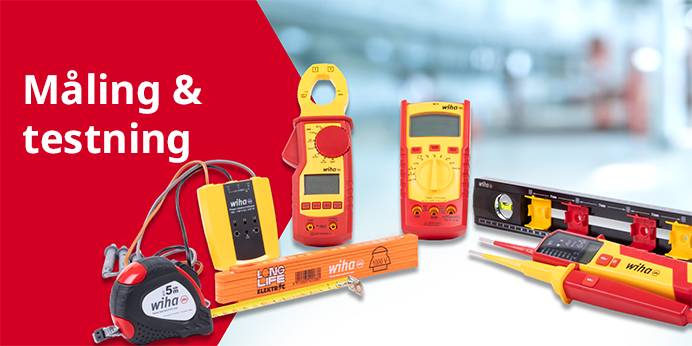Wiha arbejdslamper, forskellige modeller stillet op. Wiha måle- og testudstyr, tommestok, måleudstyr og digitalt måleudstyr.
