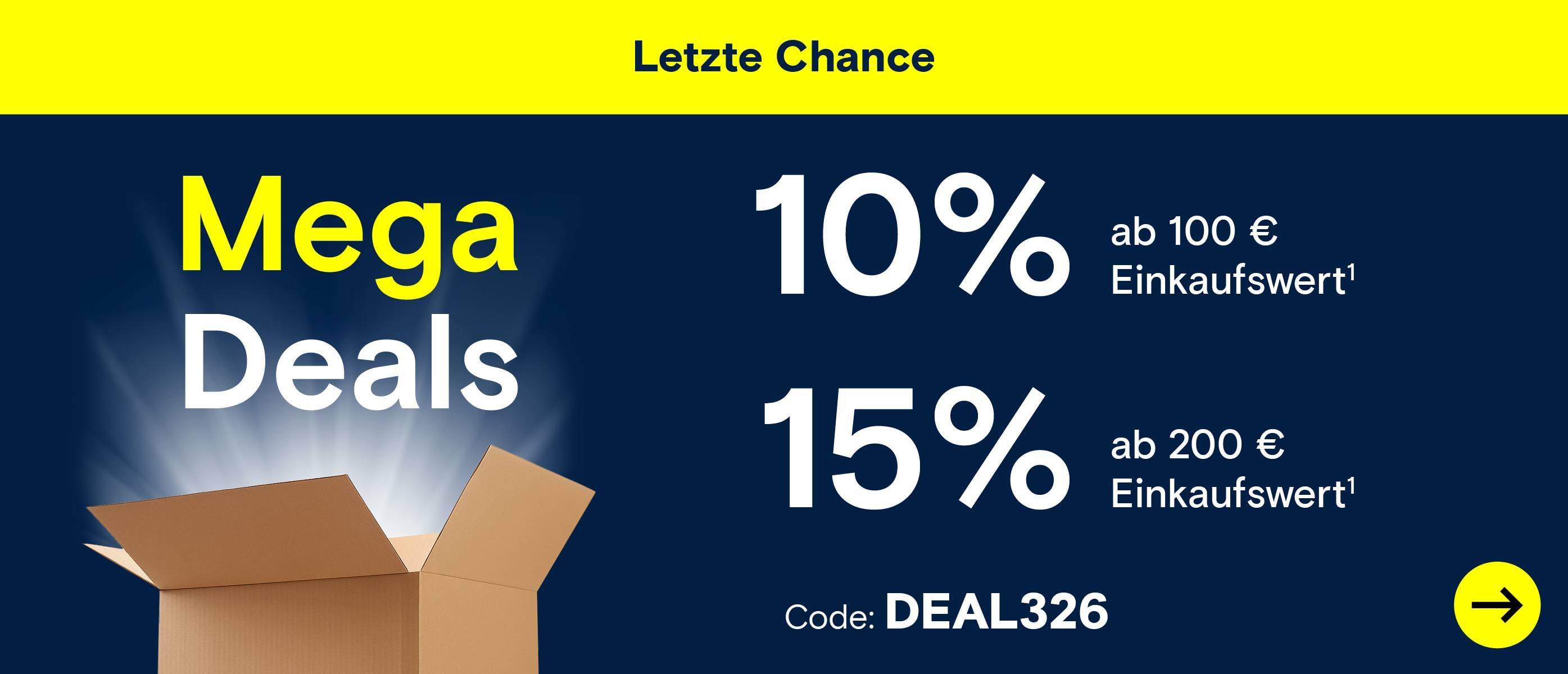 Offener Karton strahlt. Text: Mega Deals bis zu 15% Rabatt.