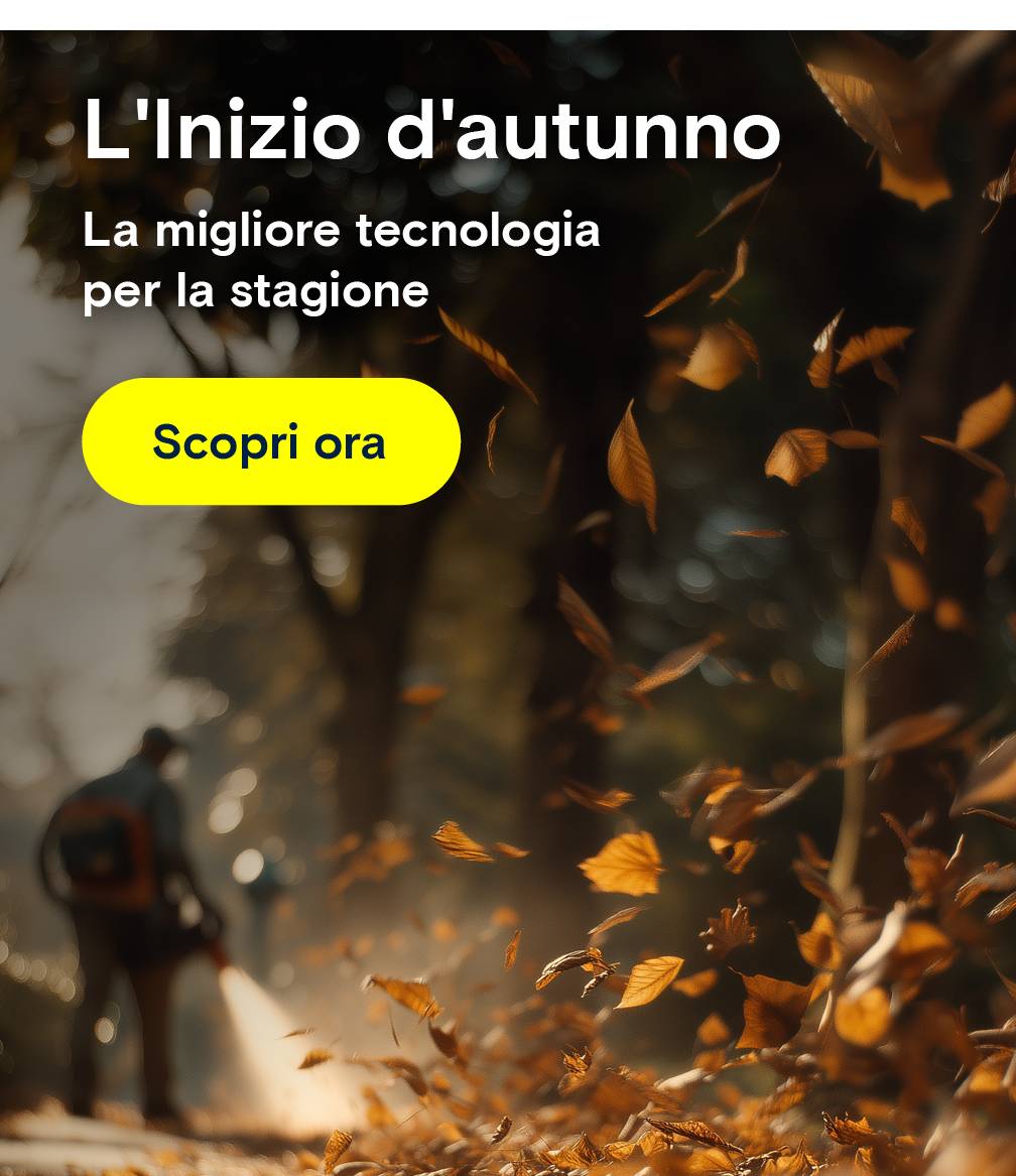 Mann benutzt Laubbläser. Text: "Herbstanfang. Beste Technik für die Saison."Un uomo usa un soffiatore per foglie. Testo: "Inizio dell'autunno. La migliore tecnologia per la stagione."