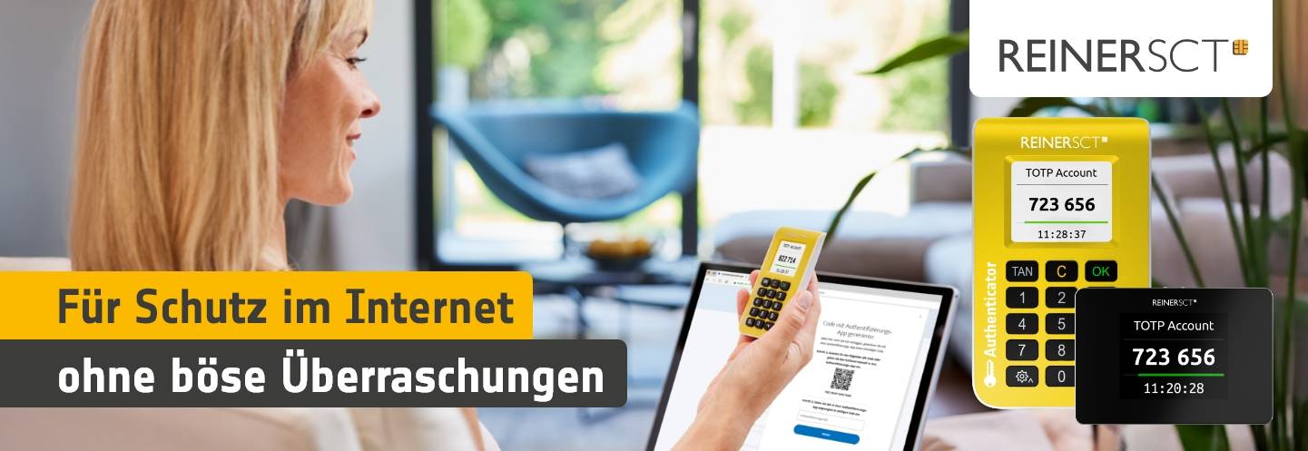 Eine Frau nutzt ein ReinerSCT-Gerät für sichere Online-Transaktionen, die vor unerwarteten Problemen geschützt sind.