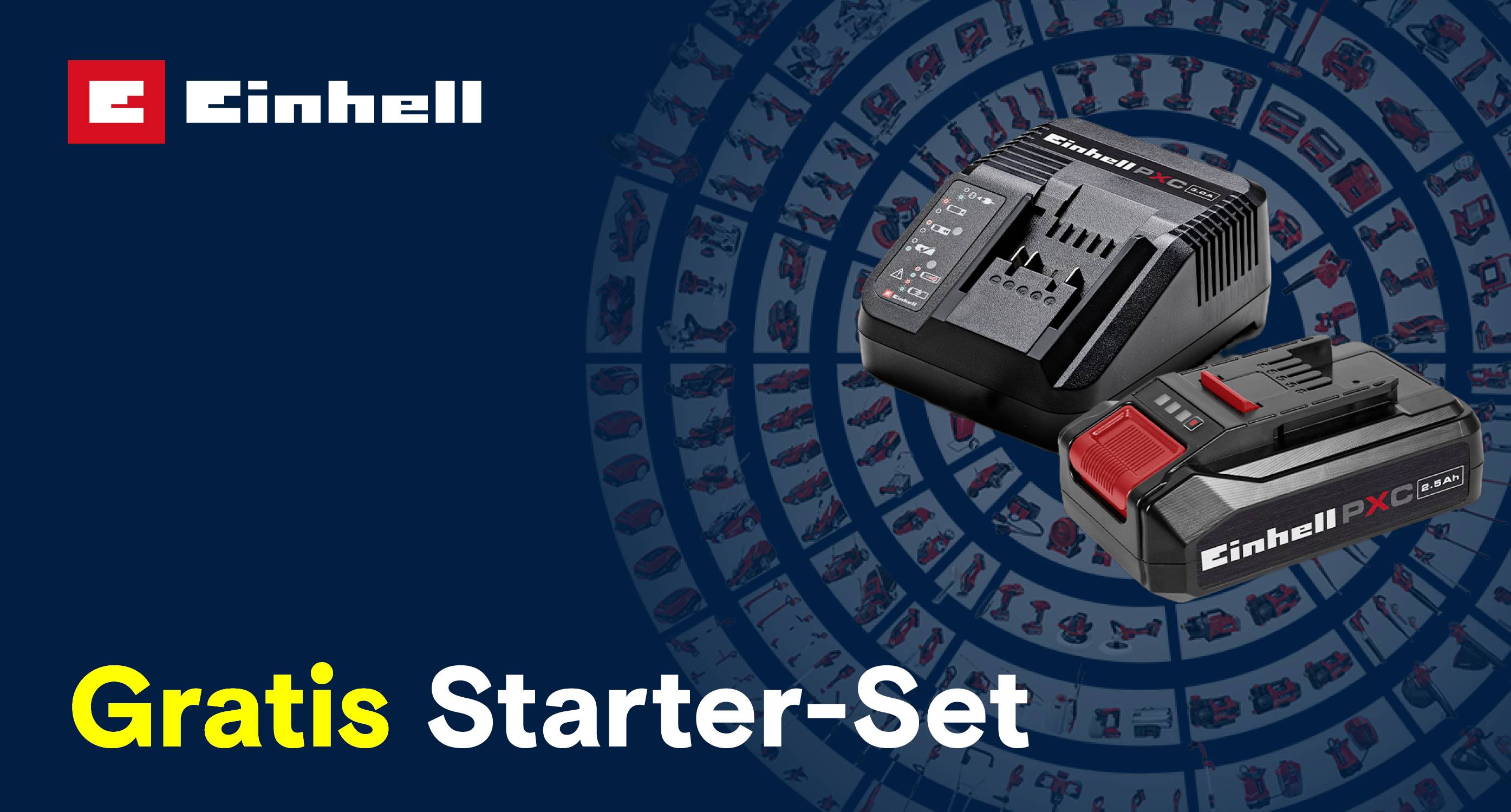 Einhell Ladegerät und Power X-Change Akku vor einem Hintergrund mit verschiedenen Einhell Werkzeugen und dem Hinweis „Gratis Starter-Set“.