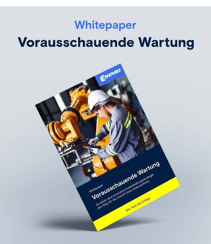 Whitepaper-Cover mit Roboter und Text: "Vorausschauende Wartung".