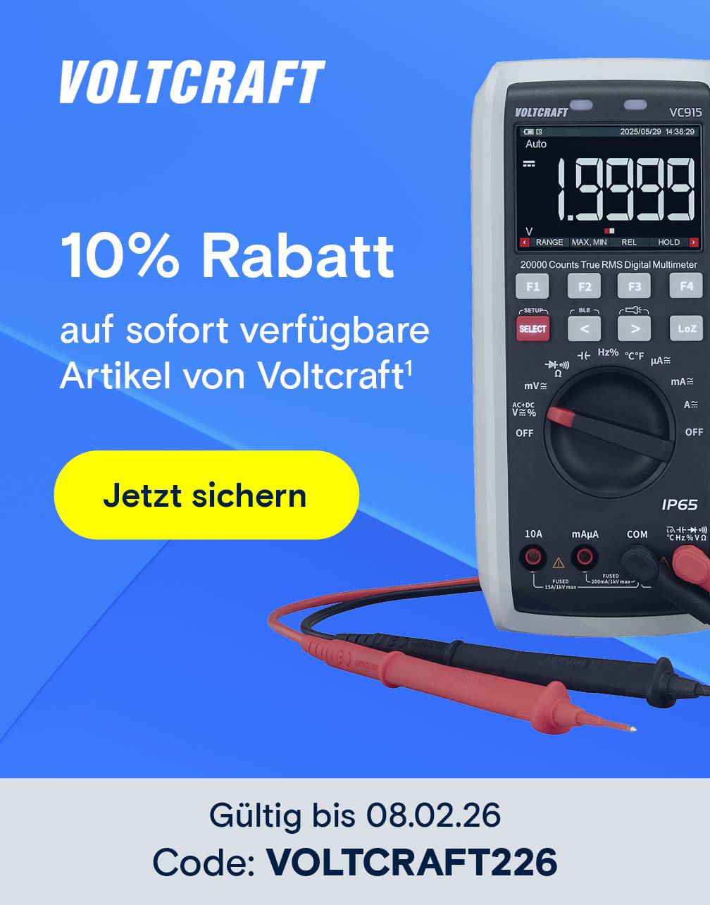 Text: 10% Rabatt auf Voltcraft auf sofort verfügbare Artikel