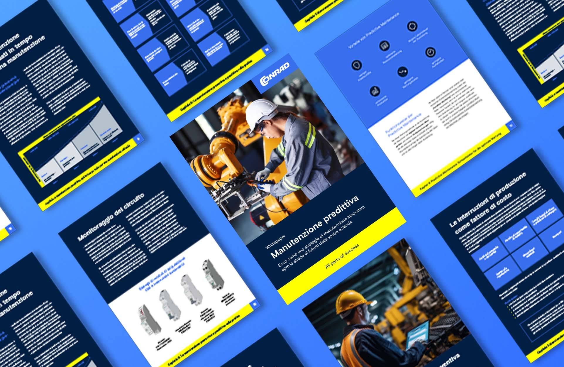 Diversi documenti con sfondo blu su una scrivania. I temi dei documenti sono, ad esempio, la manutenzione e il monitoraggio dei circuiti. Il link porta al download del libro bianco.