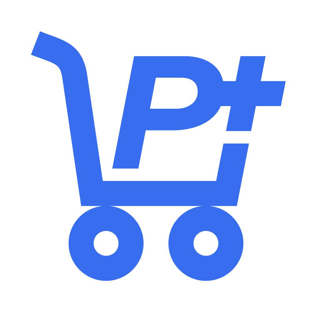 Blaues Einkaufswagensymbol mit dem Buchstaben „P“ und einem Pluszeichen.