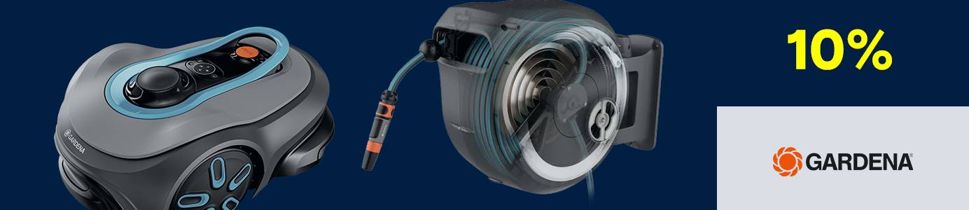 Attrezzi da giardino Gardena (irrigatori e avvolgitubo) con sconto “10%” e logo Gardena in evidenza