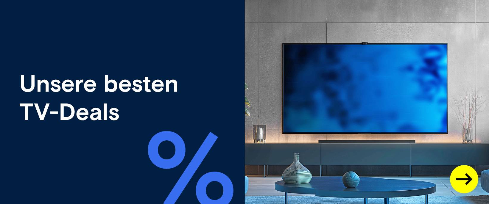 Großer TV-Bildschirm in modernem Wohnzimmer. Unsere besten TV-Deals.