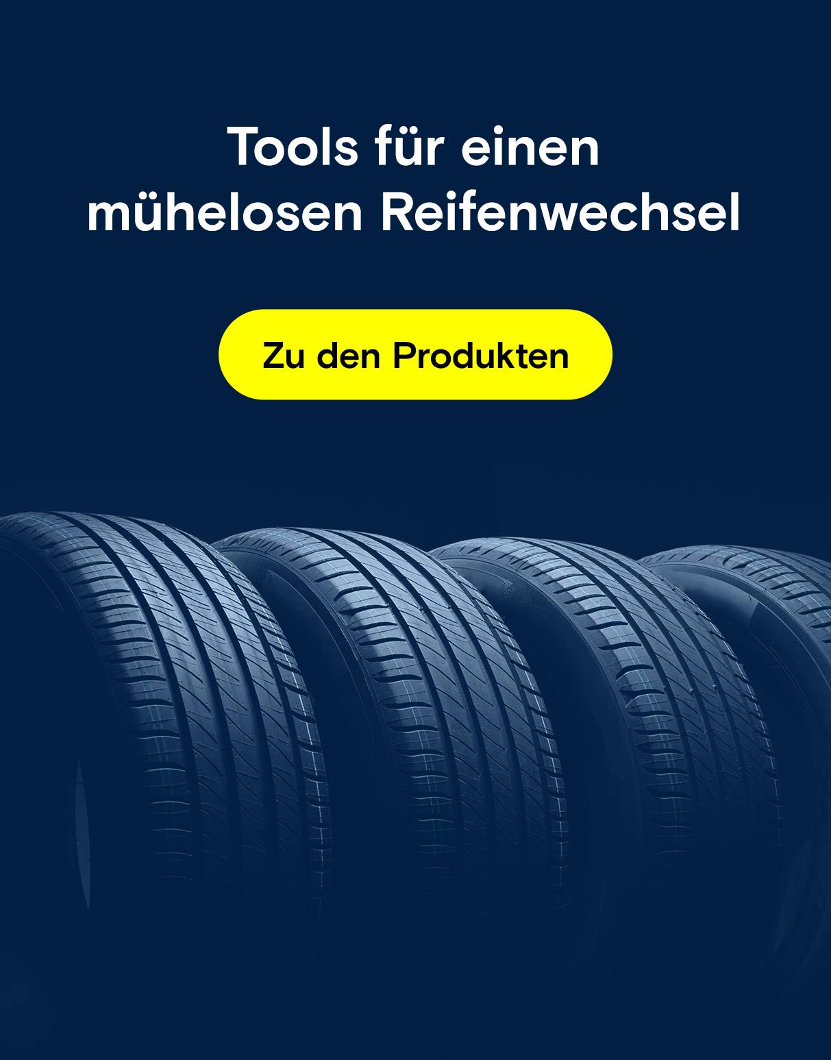 Vier Autoreifen. Text: Tools für mühelosen Reifenwechsel.