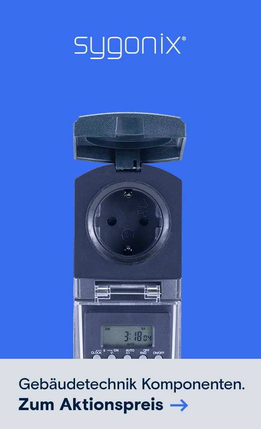 Sygonix Steckdose mit integrierter Zeitschaltuhr. Unten Slogan Gebäudetechnik Komponenten und Aktionspreis-Hinweis mit Pfeil.