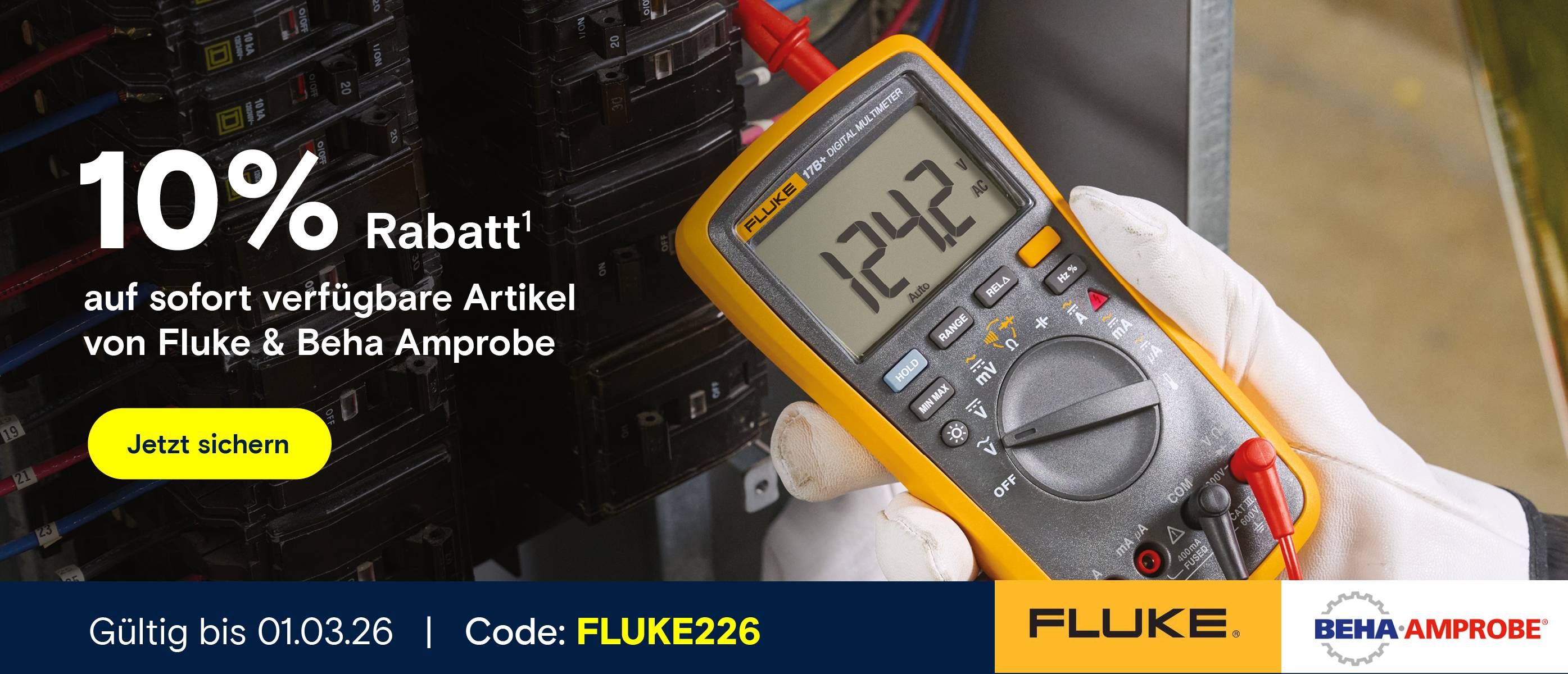 Fluke Multimeter. Text: 10% Rabatt auf Fluke & Beha Amprobe.