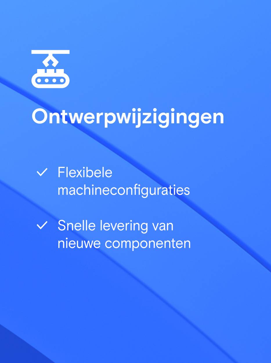 Rechthoekige knop met symbool van een machine, daarnaast tekst “Ontwerpwijzigingen” en twee lijsten met vinkjes: “Flexibele machineconfiguraties” en “Snelle levering van nieuwe onderdelen”.