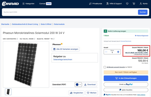 Die Detailansicht eines Solarmoduls in unserem Conrad-Shop. Der Preis mit 0% Mehrwertsteuer wurde farbig hervorgehoben,