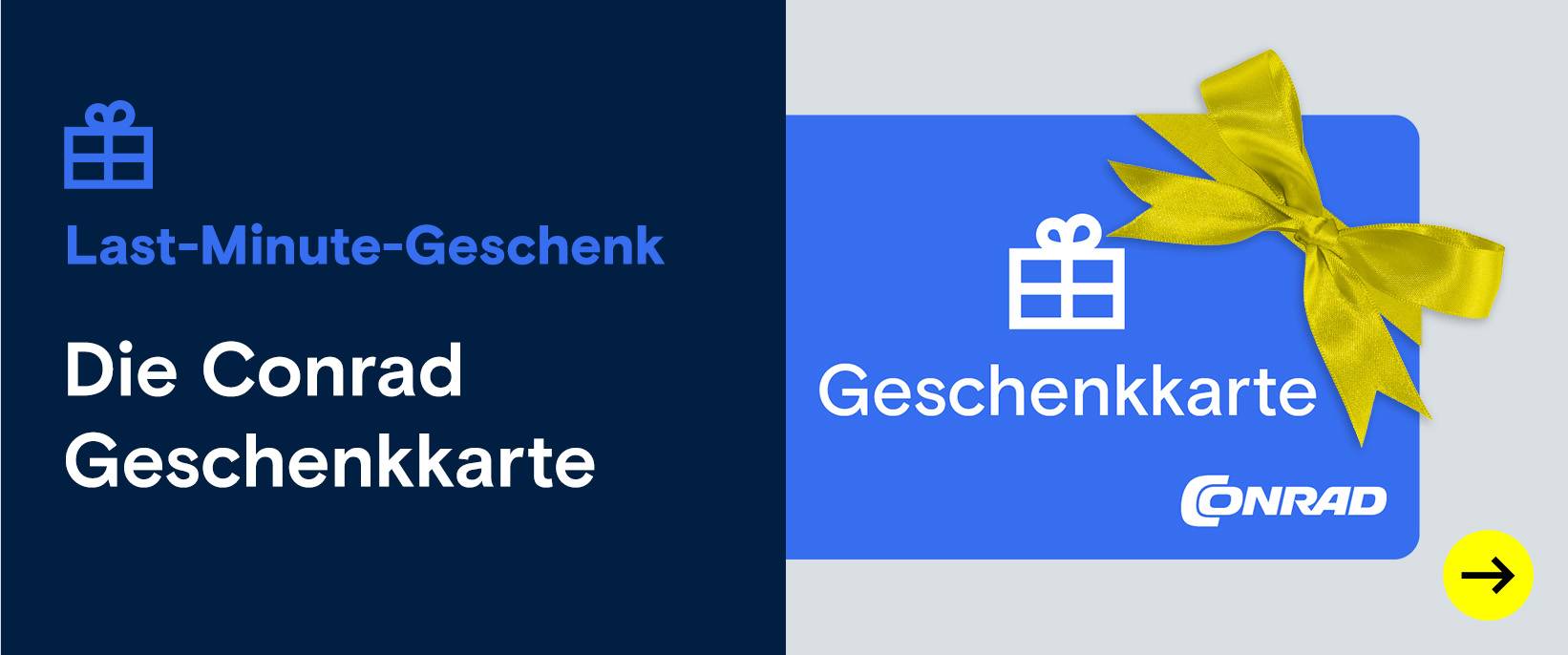 Blaue Conrad Geschenkkarte mit gelber Schleife. Last-Minute.