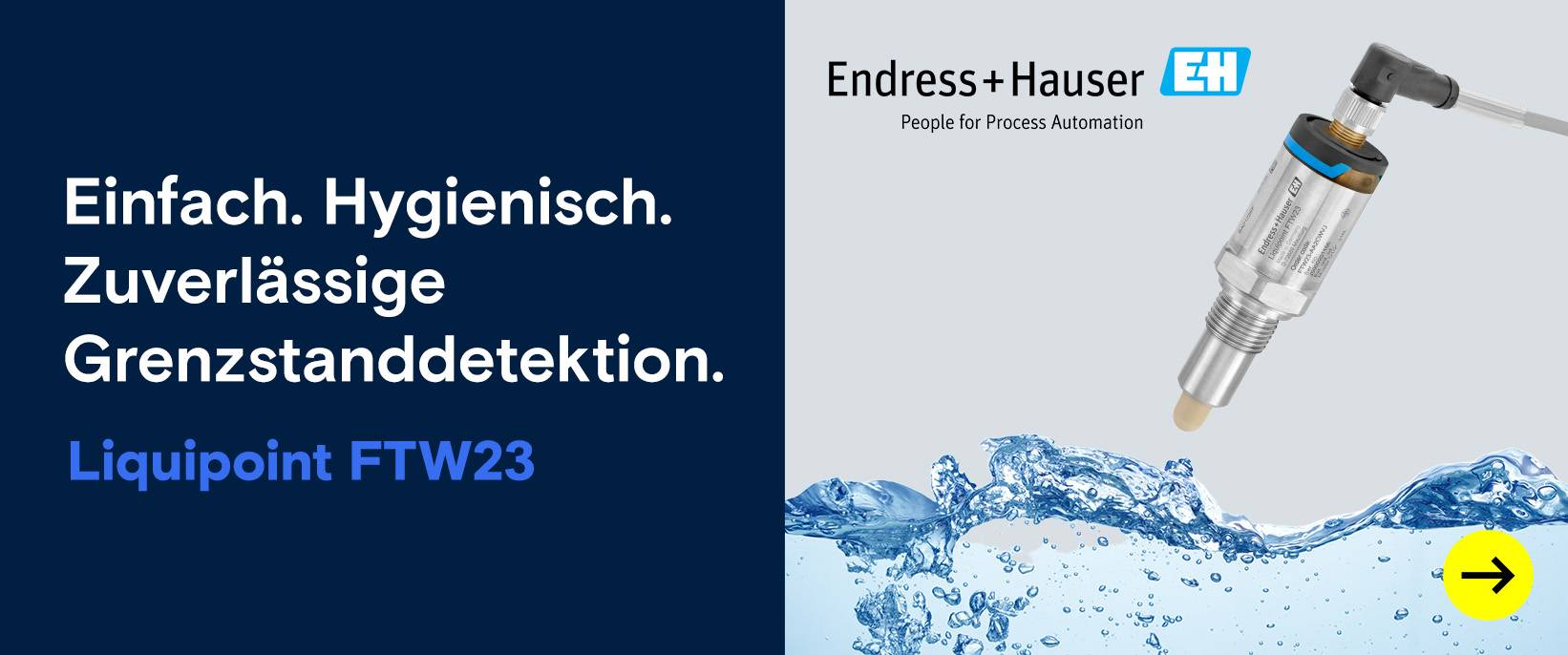 Endress+Hauser: Grenzstandsensor über einer Wasserwelle.