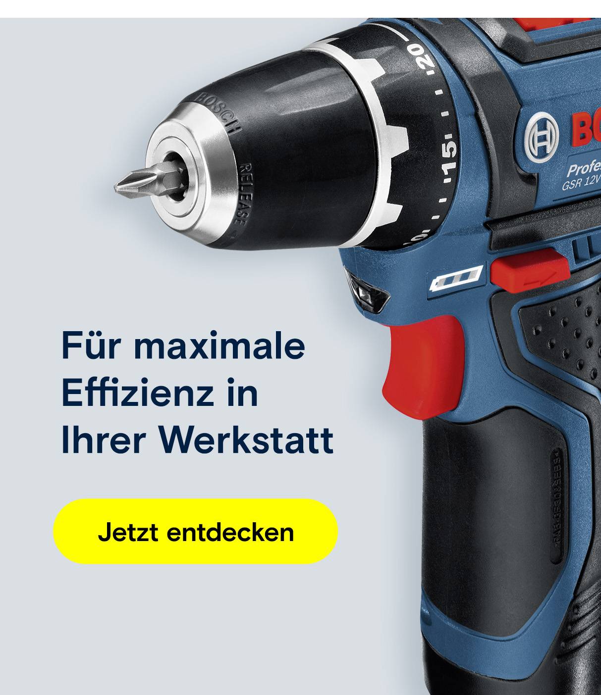 Akku Bohrschrauber Bosch Professional. Text: "Für maximale Effizienz in Ihrer Werkstatt".