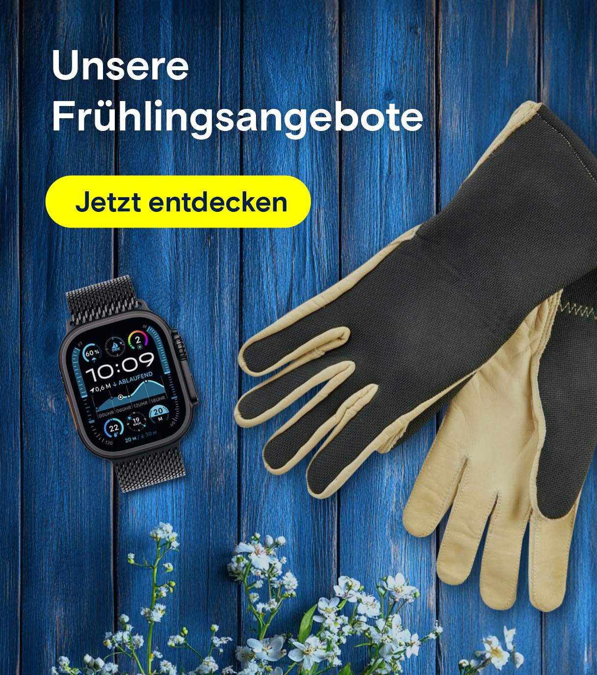 Frühling: Smartwatch und Arbeitshandschuhe auf Holz.
