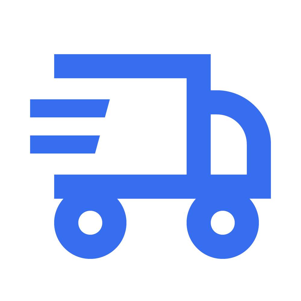 Blaues Symbol eines Lastwagens mit Bewegungslinien nach links.