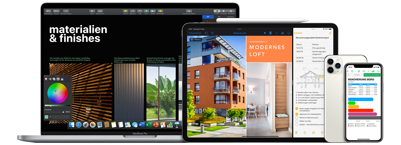 Gruppenbild von einem Apple MacBook, iPad mit Apple Pencil und iPhone