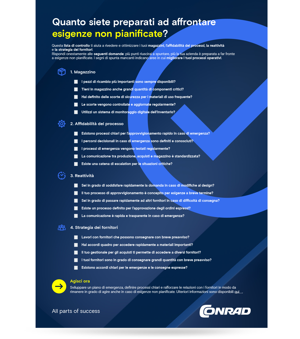 Lista di controllo per la pianificazione dei requisiti su sfondo blu scuro, elenco di domande per la verifica e l'ottimizzazione del magazzino, dell'affidabilità dei processi e della strategia dei fornitori, pulsante “Agisci ora”. Scarica la lista di controllo