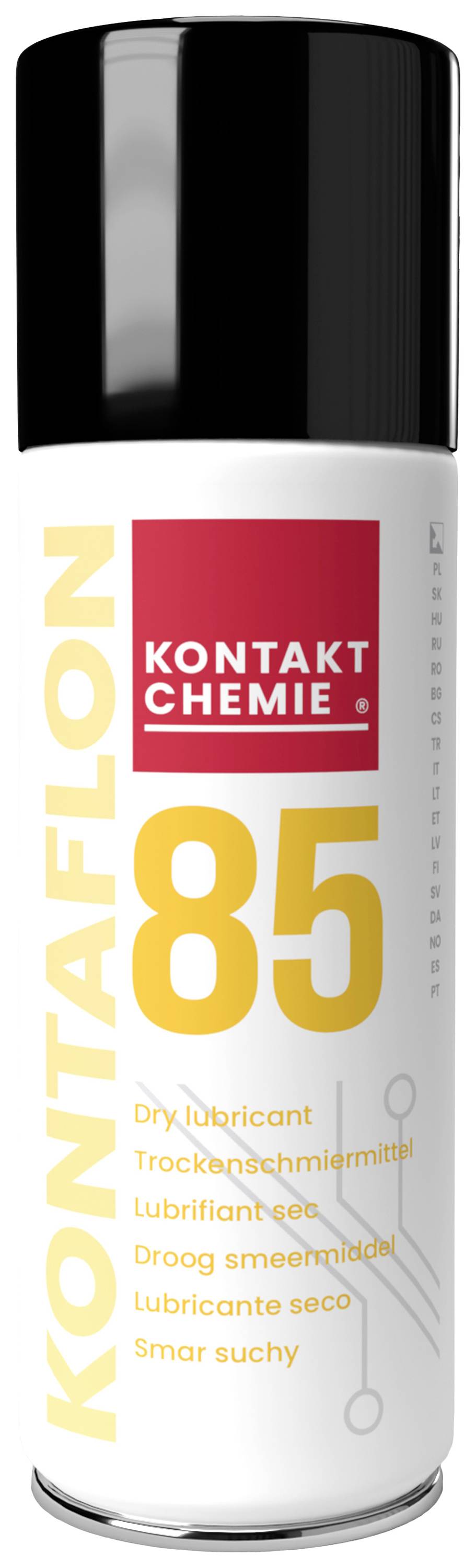 Sprej značky 'Kontakt Chemie', produkt 'Kontaflon 85', suchý mazací prostředek. Bílá dóza s žlutým potiskem.
