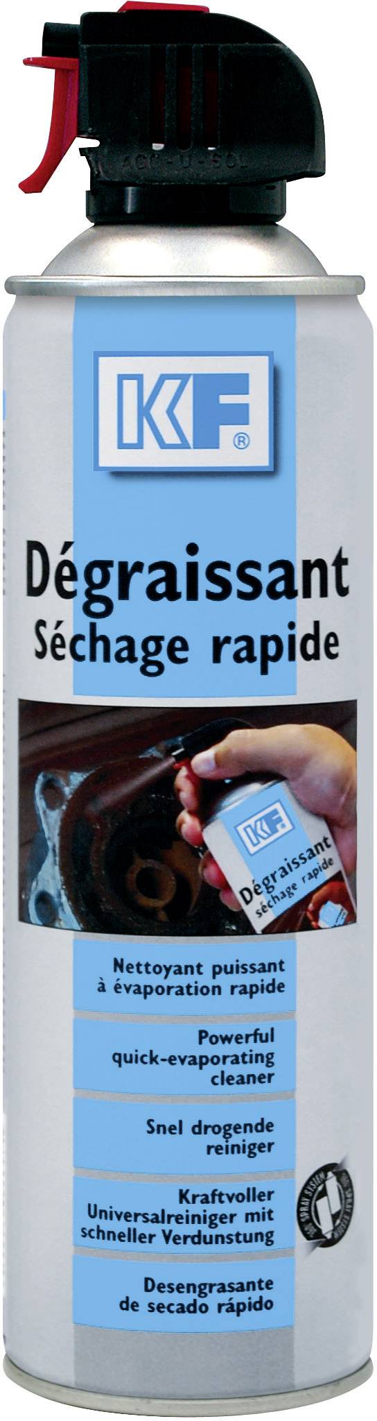 Sprej odmaštovače s modro-bílým designem a červeným víčkem. Popis: 'Rychle schnoucí, silný čistič'.