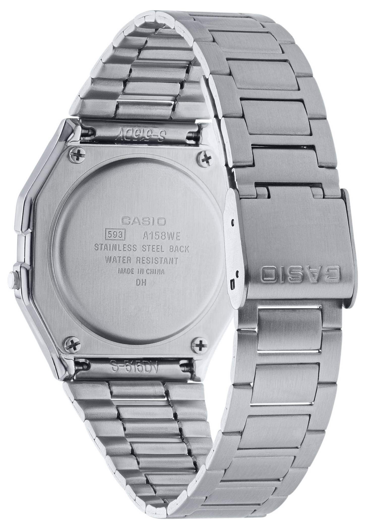 Stříbrné nerezové hodinky značky Casio, zadní strana ukazuje modelové číslo a vodotěsnost.