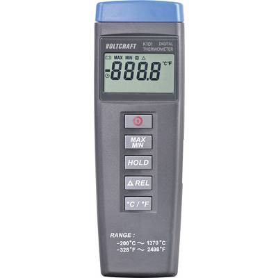 Digitální teploměr s displejem zobrazujícím '888,8 °F', tlačítky 'MAX/MIN', 'HOLD', '∆REL' a '°C/°F'. Rozsah: -328 °F do 2498 °F.