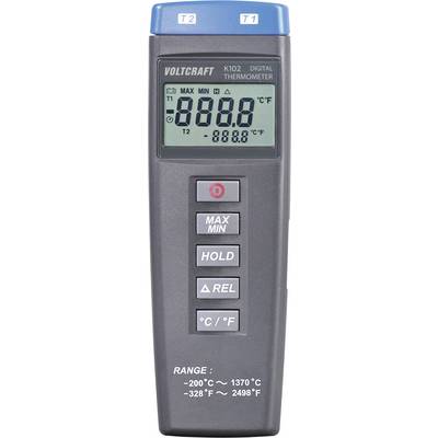 Digitální teploměr s displejem zobrazujícím '888.8'. Tlačítka pro max/min, podržení, relativní měření a přepínání mezi stupni Celsia a Fahrenheita. Rozsah měření: -200°C až 1370°C.