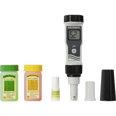Digitální pH metr s LCD displejem zobrazujícím hodnotu '5,2', dodávaný s kalibračními roztoky, konzervačním roztokem a uzávěry pro kalibraci.
