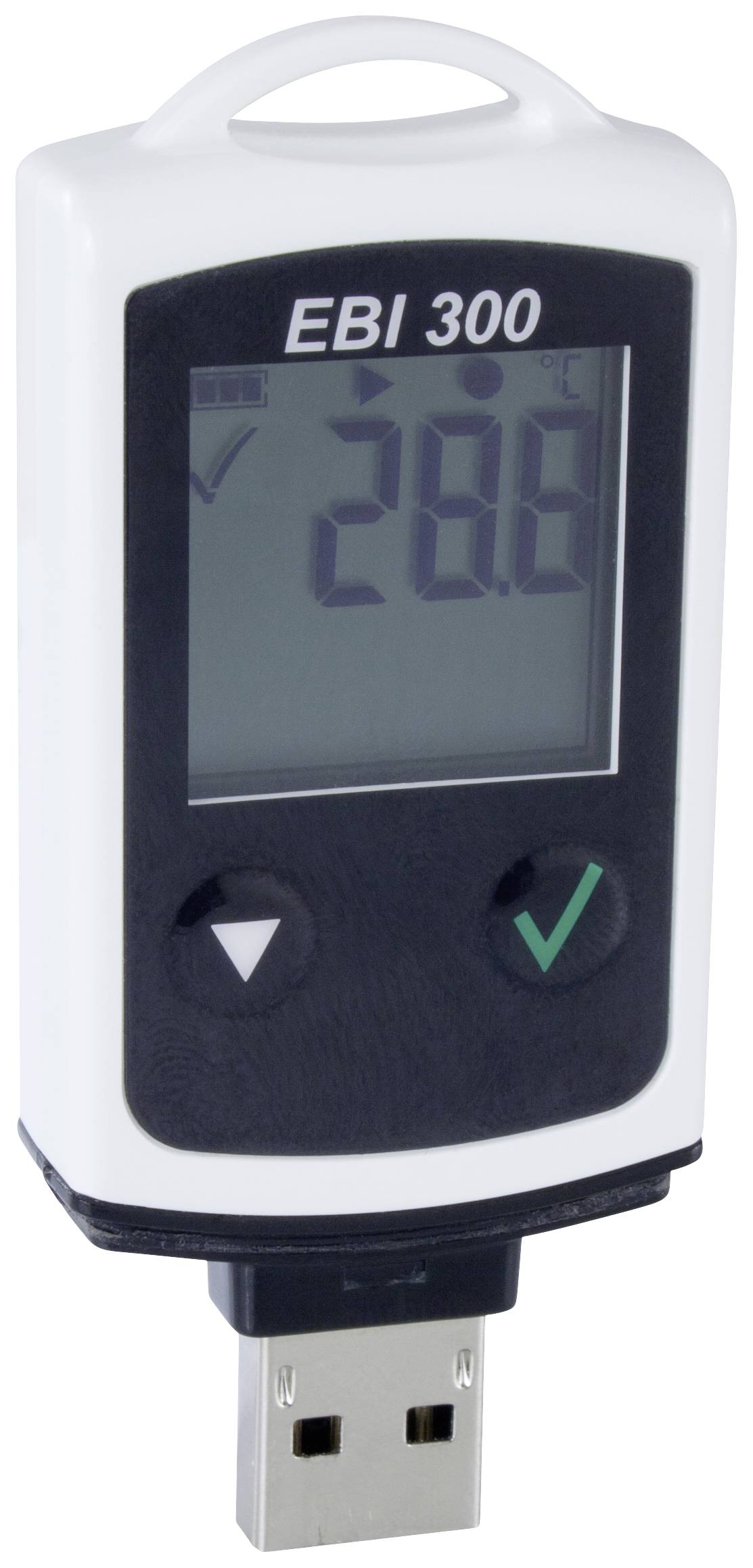 Digitální teplotní datalogger zobrazuje 28,8 stupňů Celsia na displeji. Zařízení je bílé s USB připojením, model 'EBI 300'.